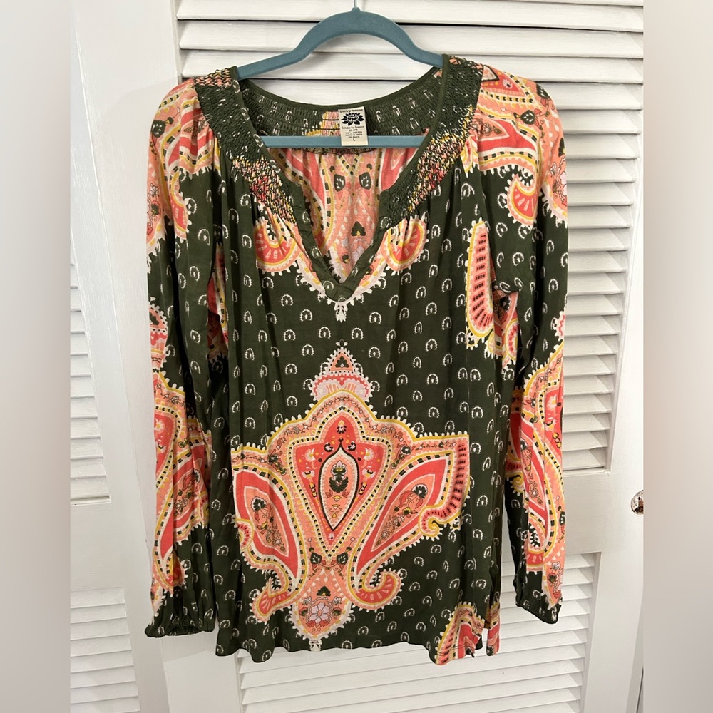 Lucky Brand VTG Suitable for Framing Green Floral Print Boho Knit L\S Top L